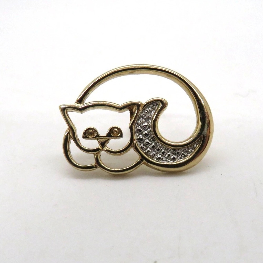 AVON Vintage Gold Tone Sleeping Cat Lapel Pin Tie Tack‎ with Textured Tail